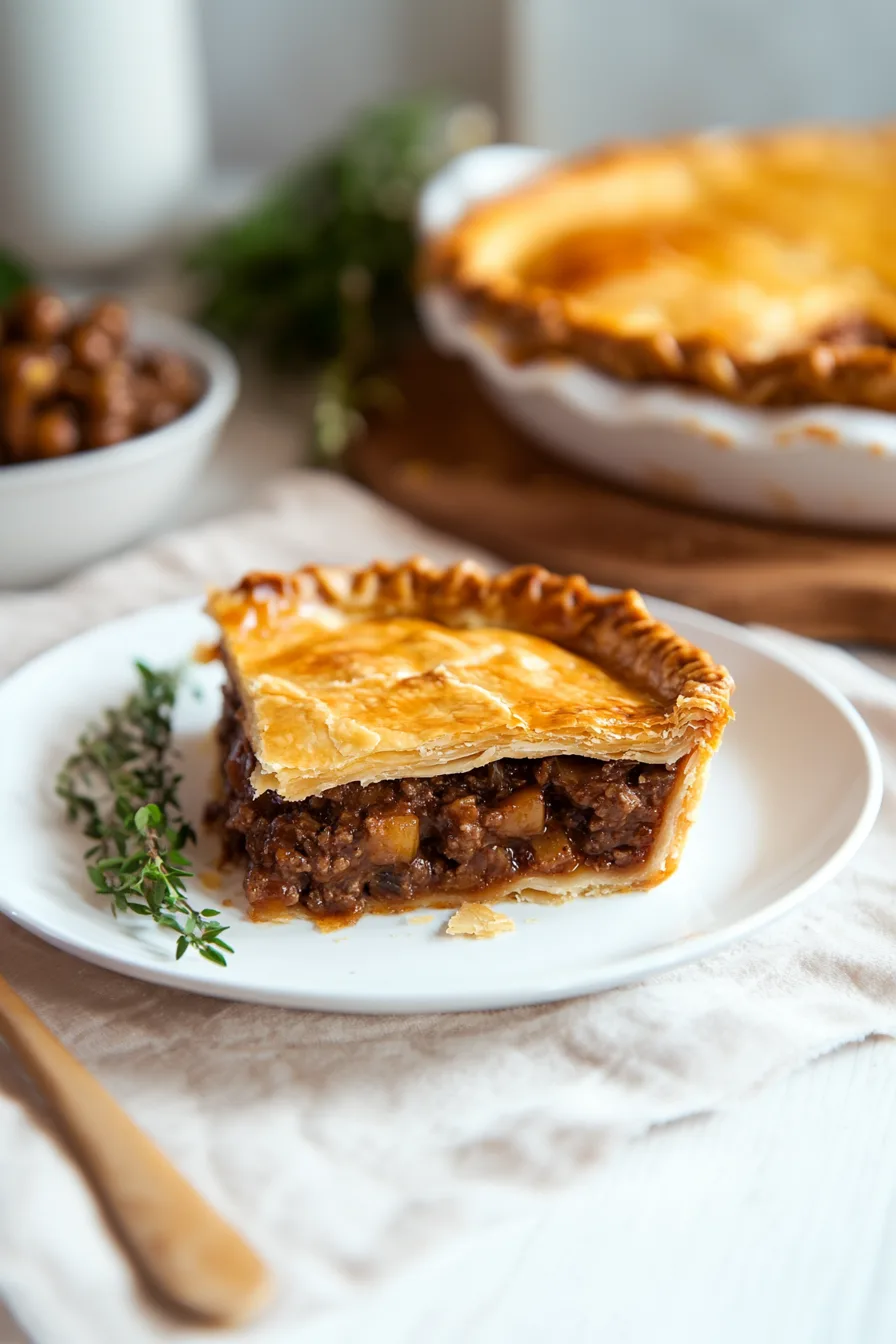 A golden slice of homemade pie filled with rich, spiced fruit and nut mincemeat on a white plate.
