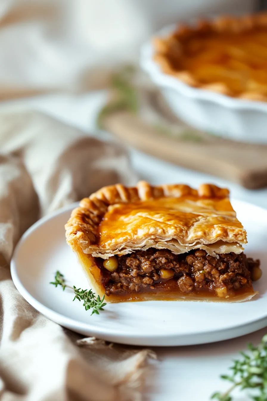 Warm slice of traditional mincemeat pie showing its textured filling and crisp pastry edges.