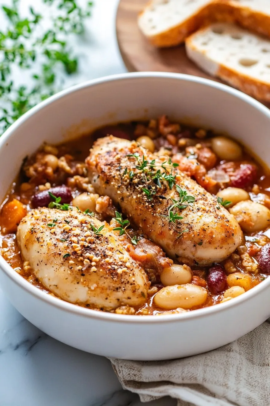 Close-up of tender chicken breasts simmered with white beans and vegetables.