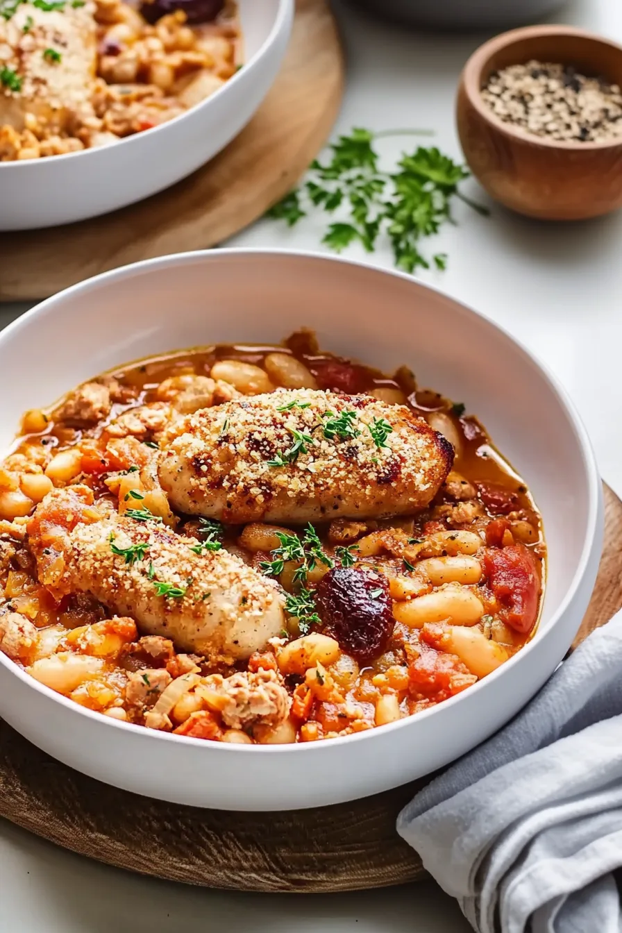 Bowl of hearty bean and chicken stew topped with fresh thyme sprigs.