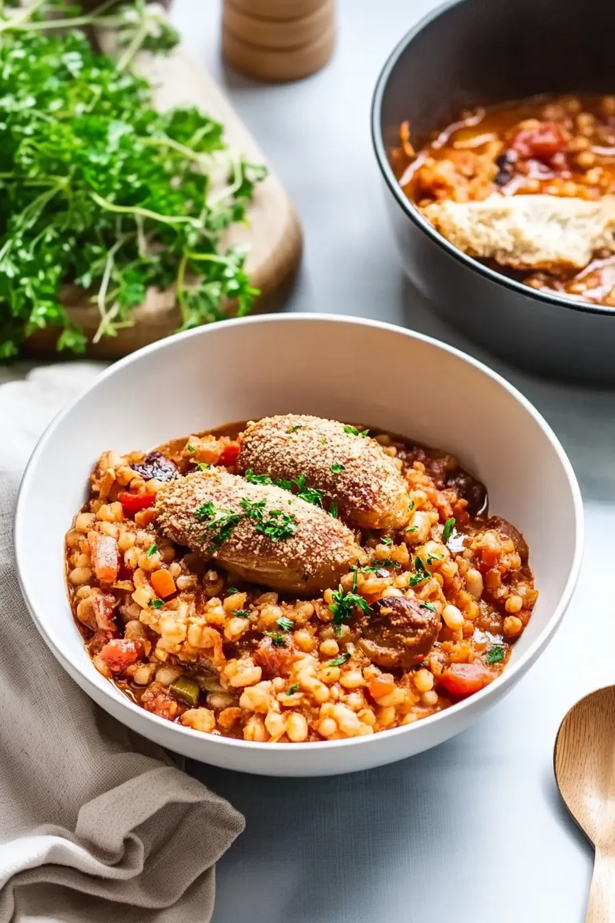 Homemade cassoulet with golden-browned chicken and creamy white beans.