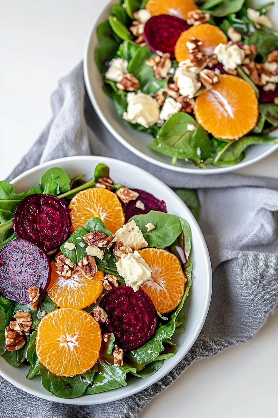 Fresh plate of mixed greens topped with citrus, beets, and chopped nuts.