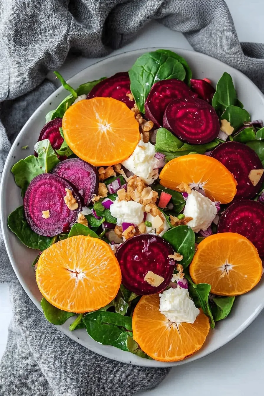 Refreshing mix of greens, citrus, and beets served on a white plate.