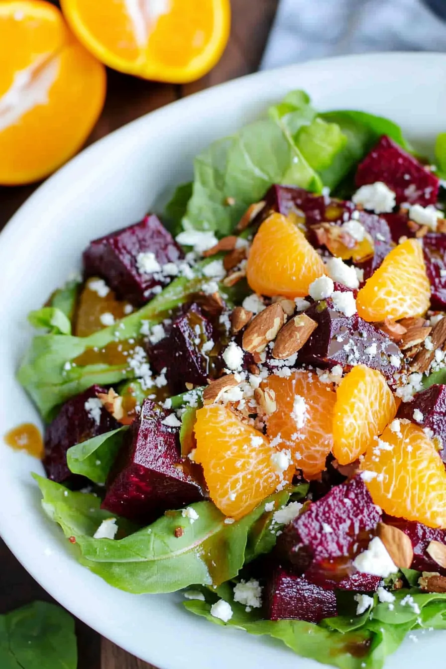 Colorful salad with orange slices, roasted beets, greens, and crumbled cheese.