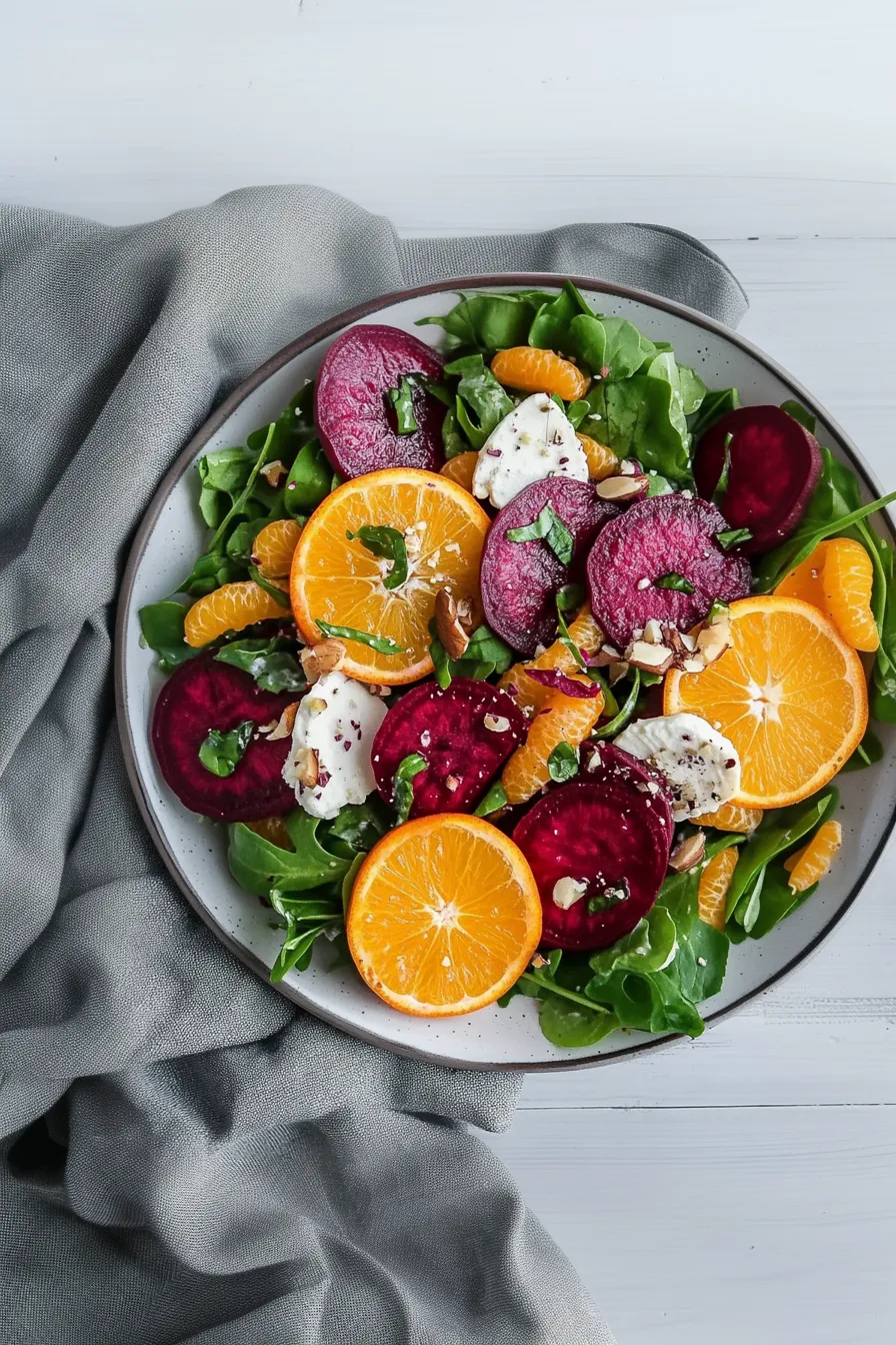 Vibrant salad featuring beets, oranges, spinach, and creamy cheese.