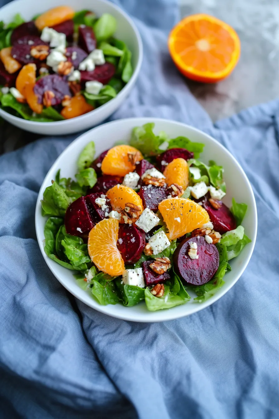 Healthy vegetable and fruit salad with bright orange and beet slices.