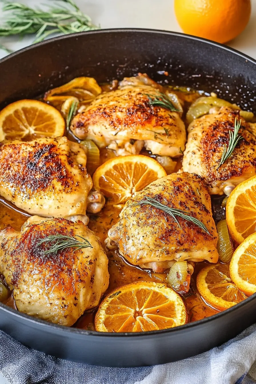 Close-up of juicy, caramelized chicken thighs paired with fennel and citrus glaze.