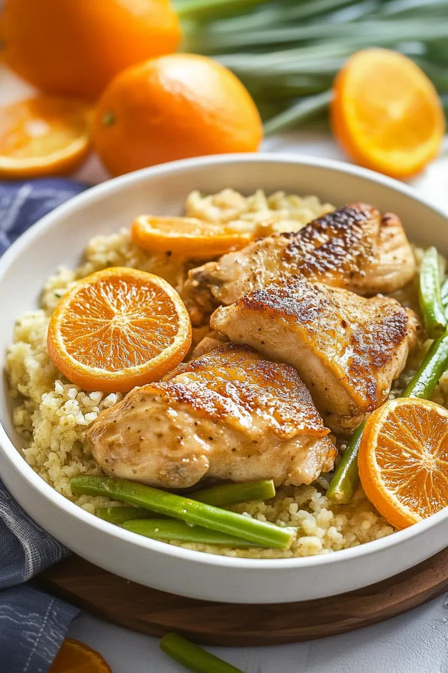 Tender chicken thighs resting on a bed of roasted vegetables, finished with bright orange rounds.