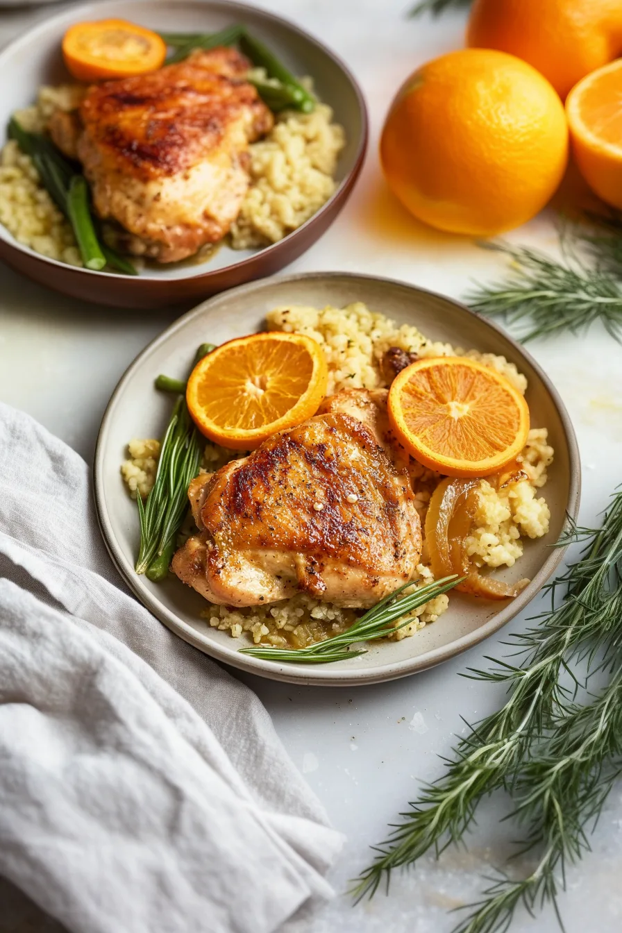 A comforting dinner plate with crispy chicken thighs, roasted fennel, and orange garnish.