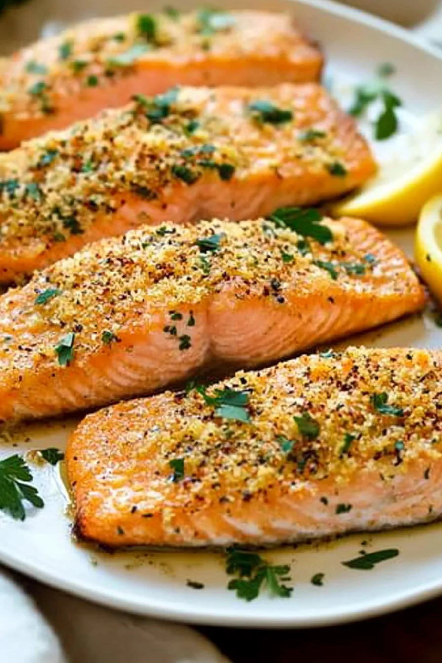 Plate of roasted salmon garnished with parsley and lemon slices.