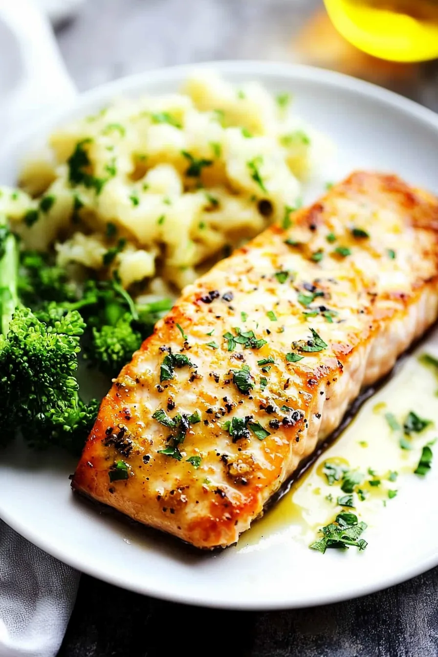 Flaky salmon fillet glazed with a golden sauce and garnished with fresh herbs.