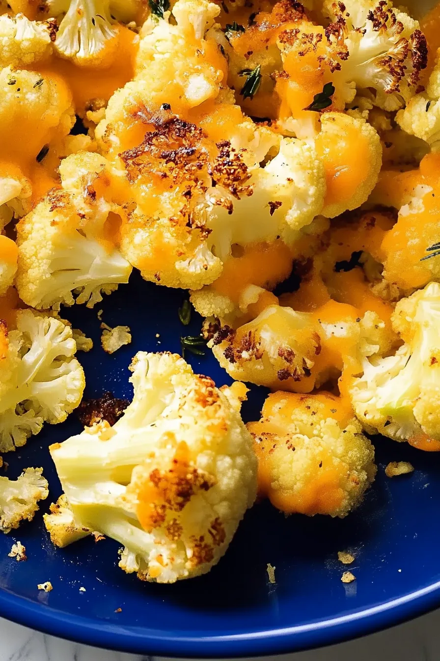 Close-up of cheesy baked cauliflower with lightly browned edges.