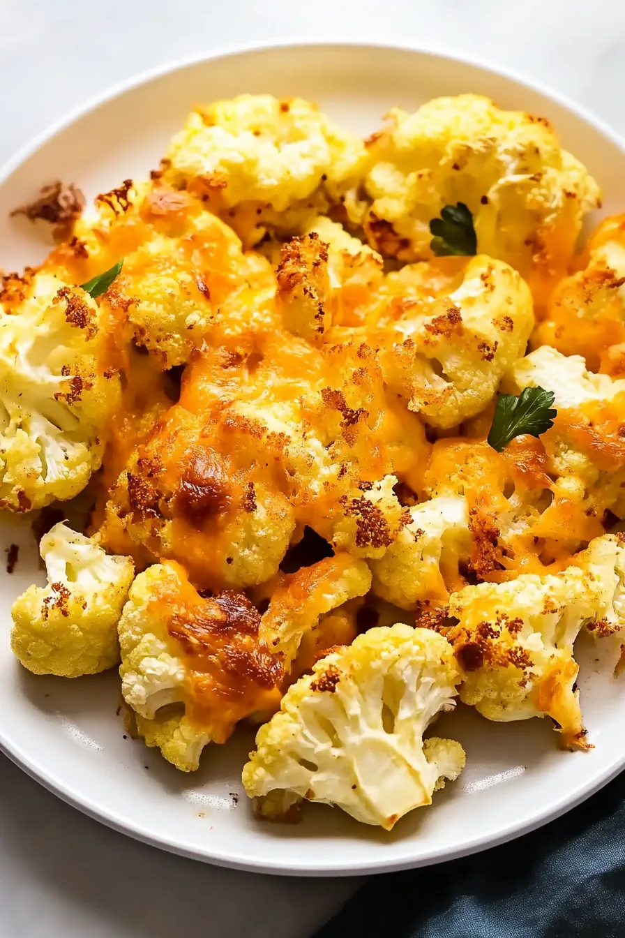 Roasted cauliflower florets topped with melted cheddar cheese on a white plate.