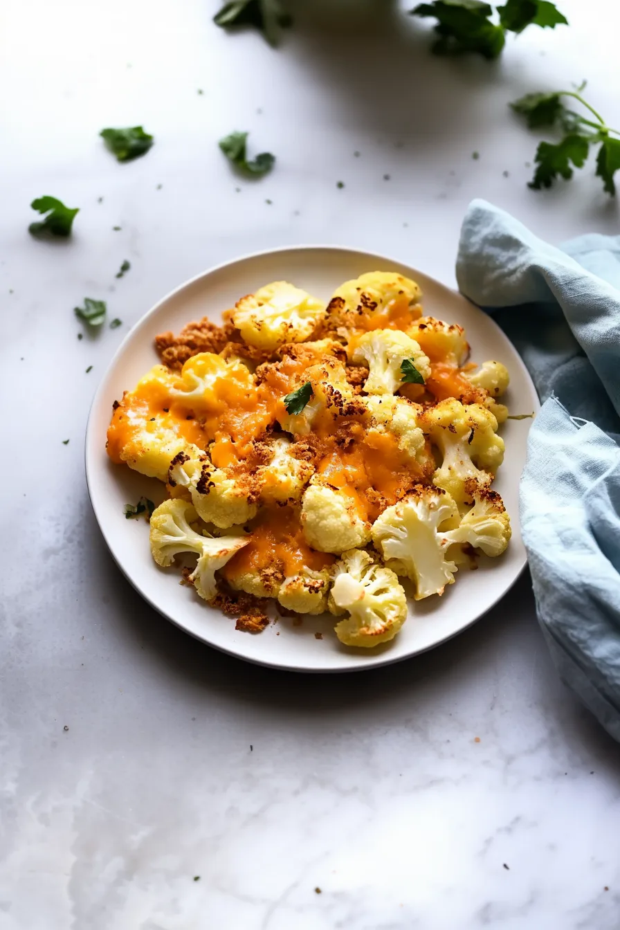 Warm plate of roasted cauliflower with gooey, golden cheese topping.