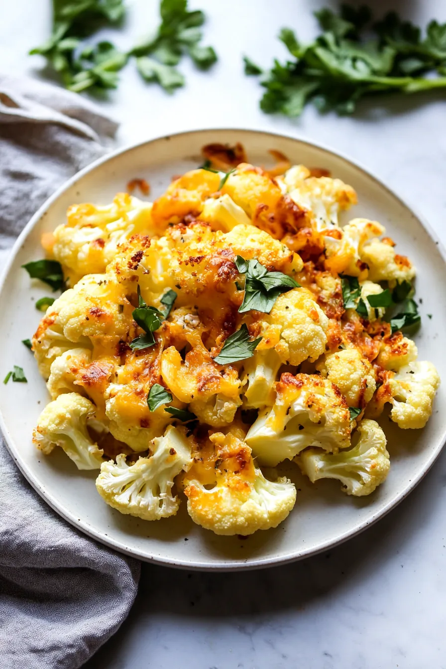 Oven-roasted cauliflower covered in melted cheese and garnished with parsley.