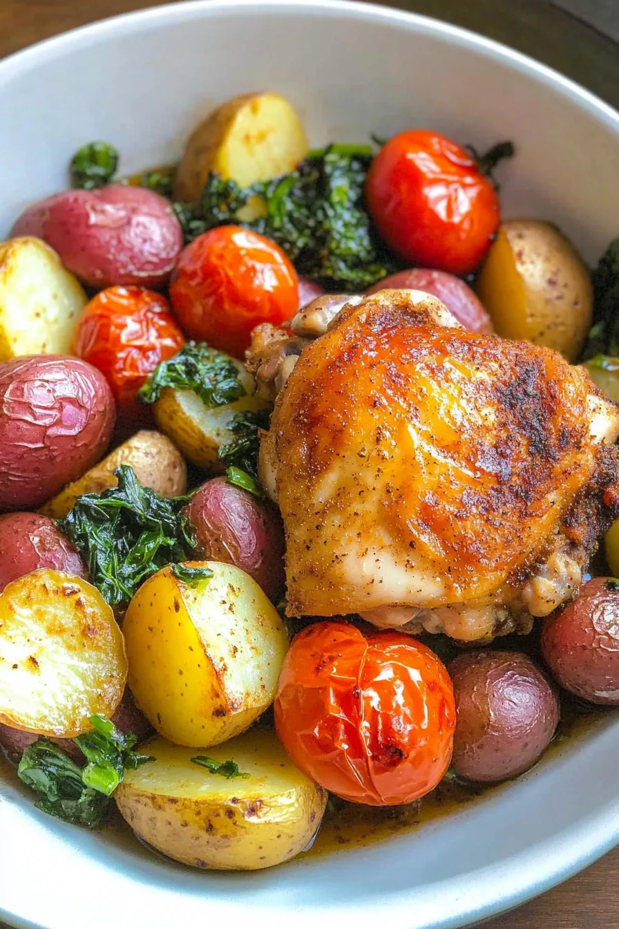 Oven-roasted chicken and vegetables glistening with olive oil and herbs.