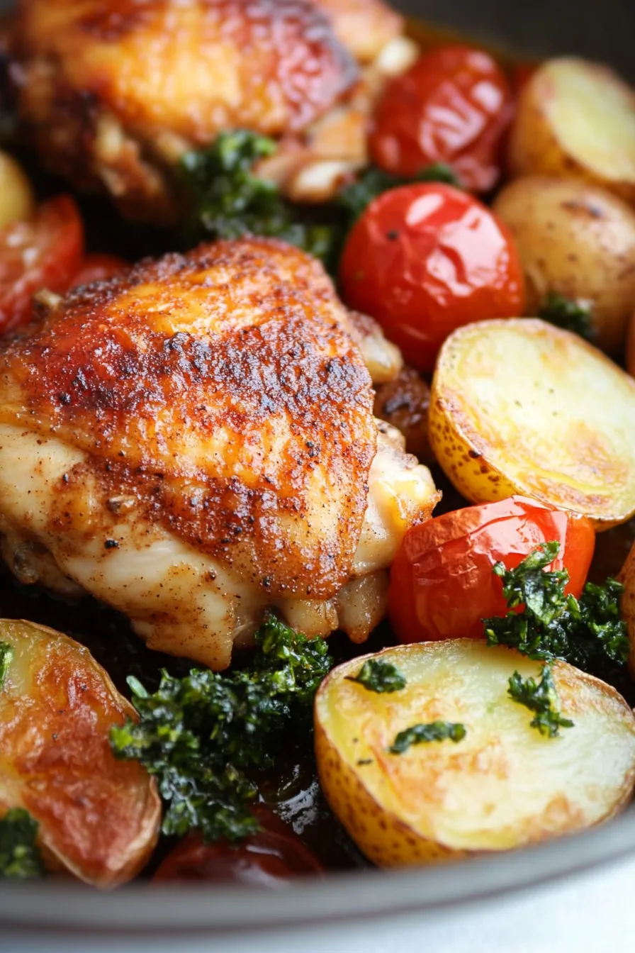 Close-up of roasted chicken thigh served with baby potatoes, blistered cherry tomatoes, and greens.