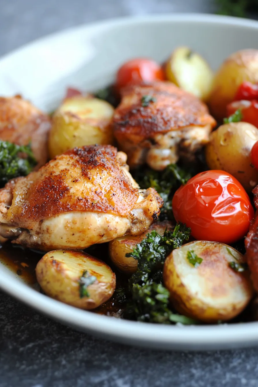 Golden-brown baked chicken with colorful roasted vegetables in a white bowl.