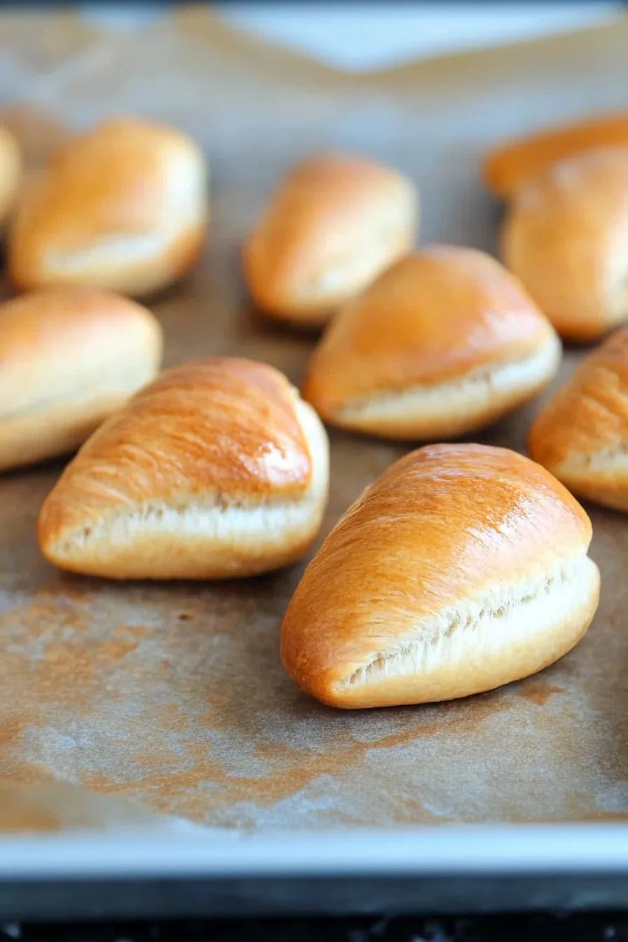 Freshly baked golden rolls lined up on a baking sheet.