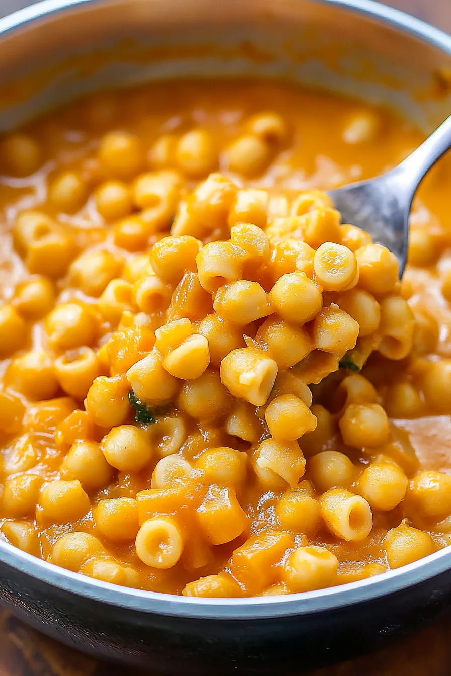 A bowl of small pasta coated in a creamy chickpea sauce and topped with grated cheese.