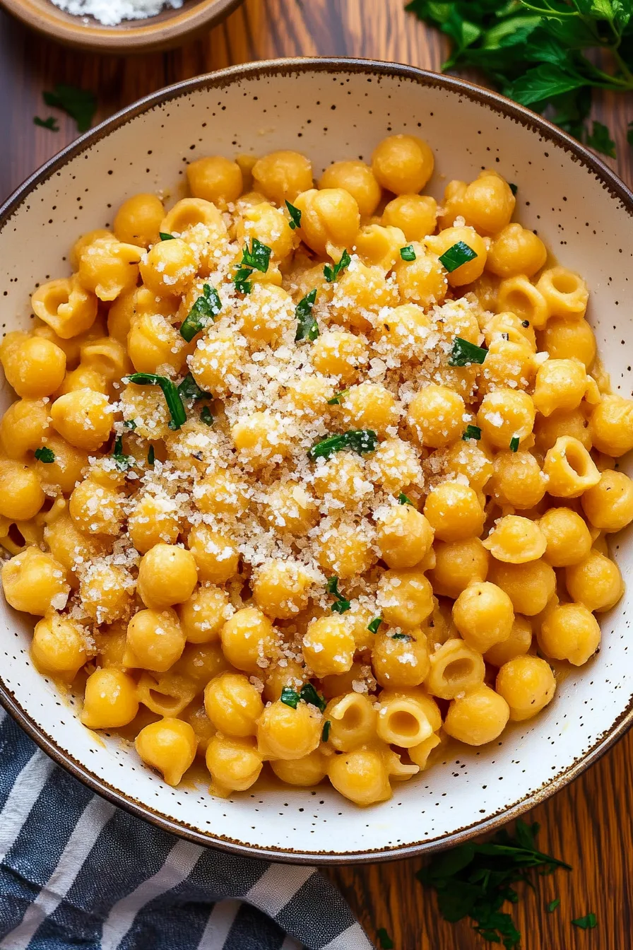 Close-up of pasta and chickpeas garnished with fresh parsley and parmesan.