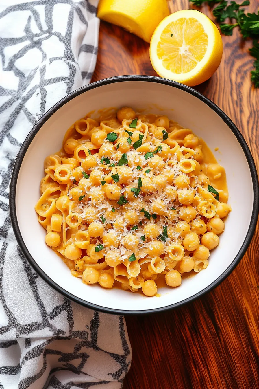 Rustic Italian pasta dish served in a white bowl with a sprinkle of cheese and herbs.