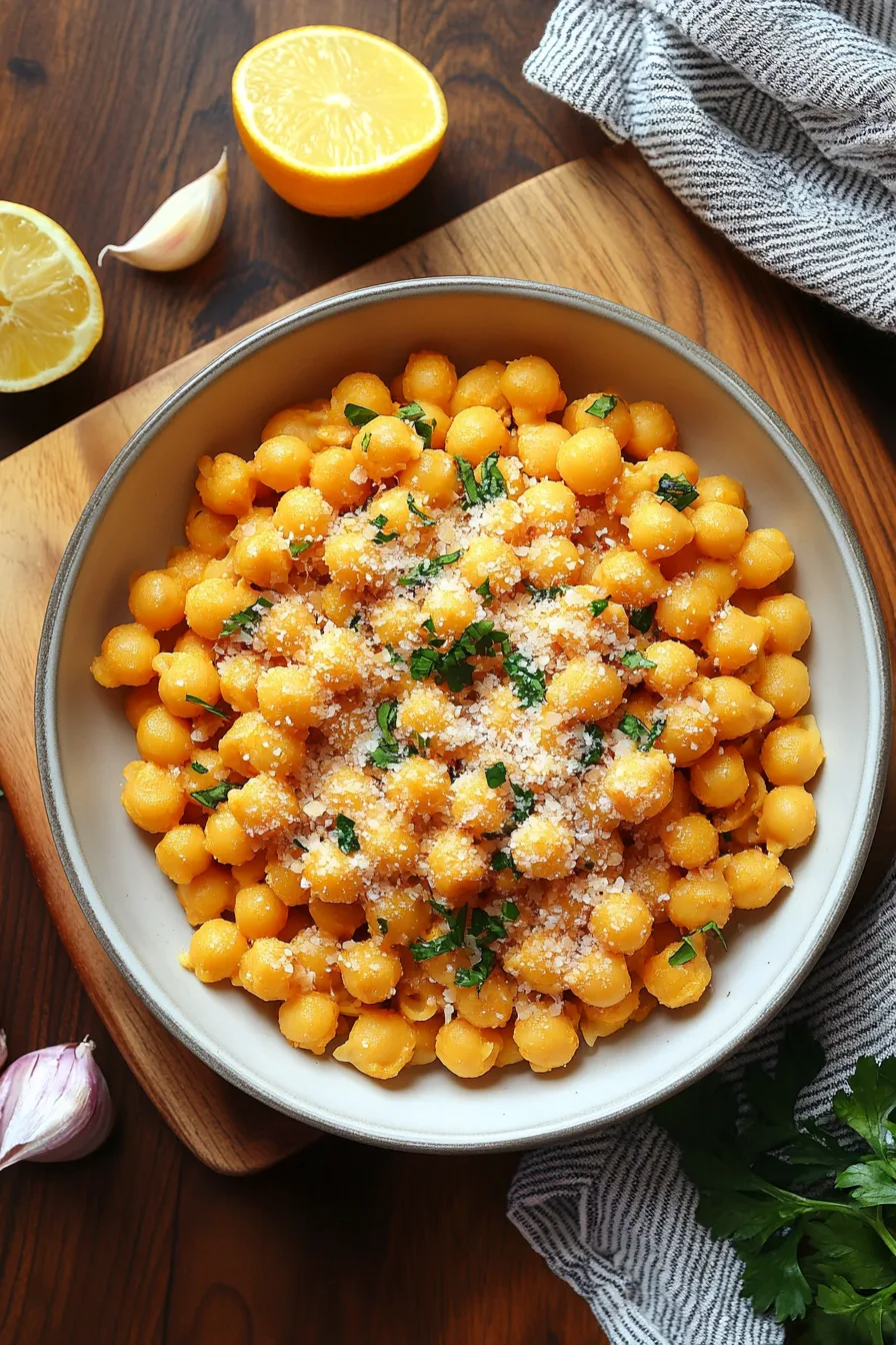 Creamy chickpea pasta with a light dusting of parmesan and chopped parsley.
