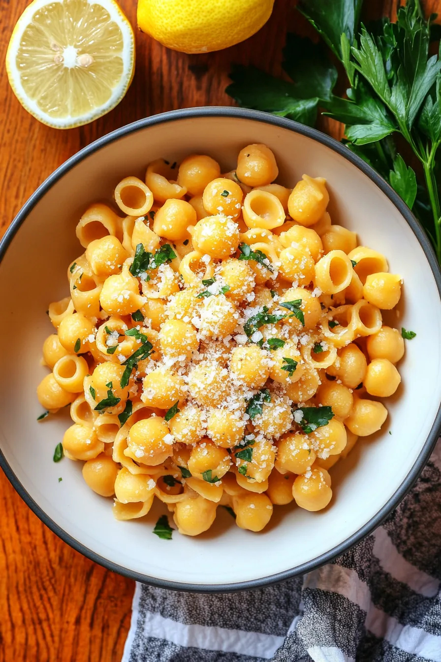 Warm and comforting pasta e ceci served simply with cheese and herbs on top.