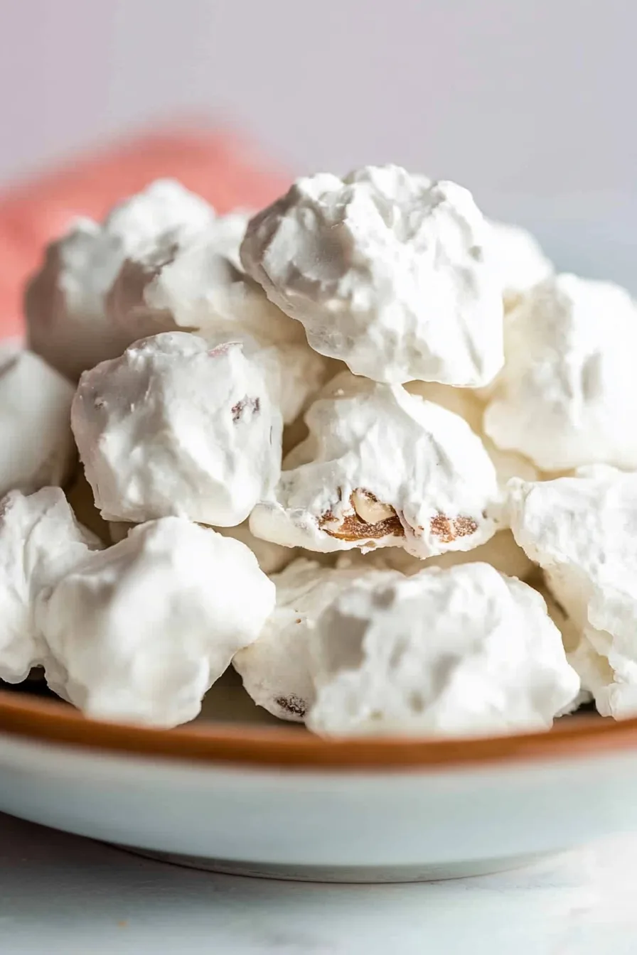 Close-up of crunchy meringue cookies with a smooth white coating.