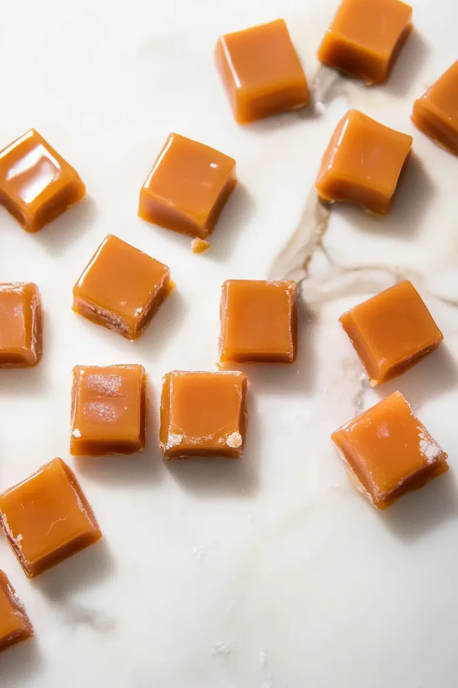 Chewy caramel candies cut into neat squares on a marble surface.