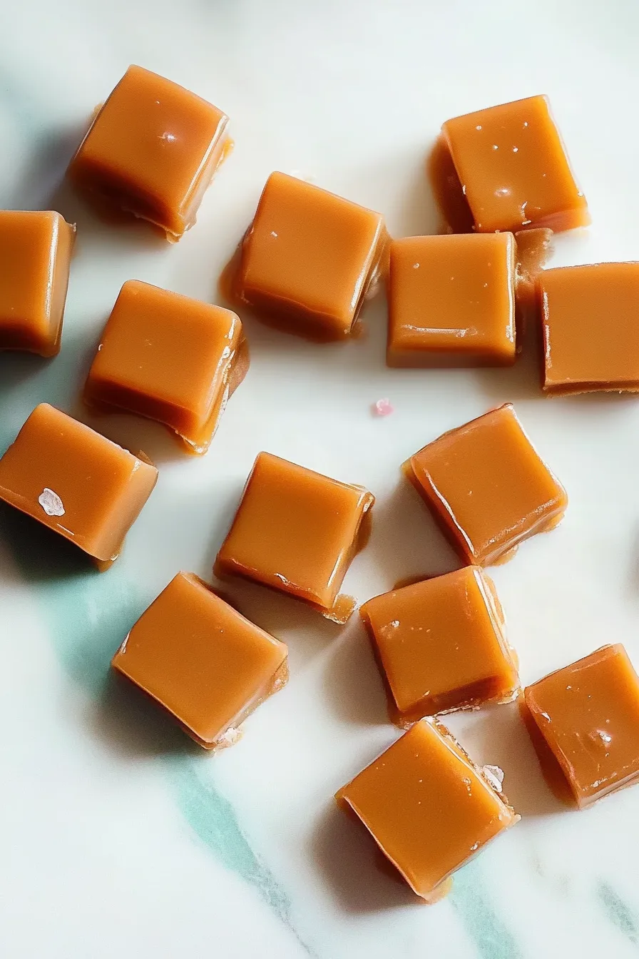Soft, glossy caramel squares with a hint of peppermint, arranged neatly on a white surface.