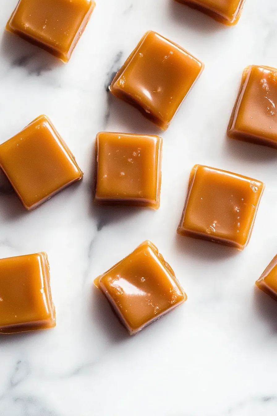 Freshly cut pieces of creamy peppermint caramel candy ready to serve.