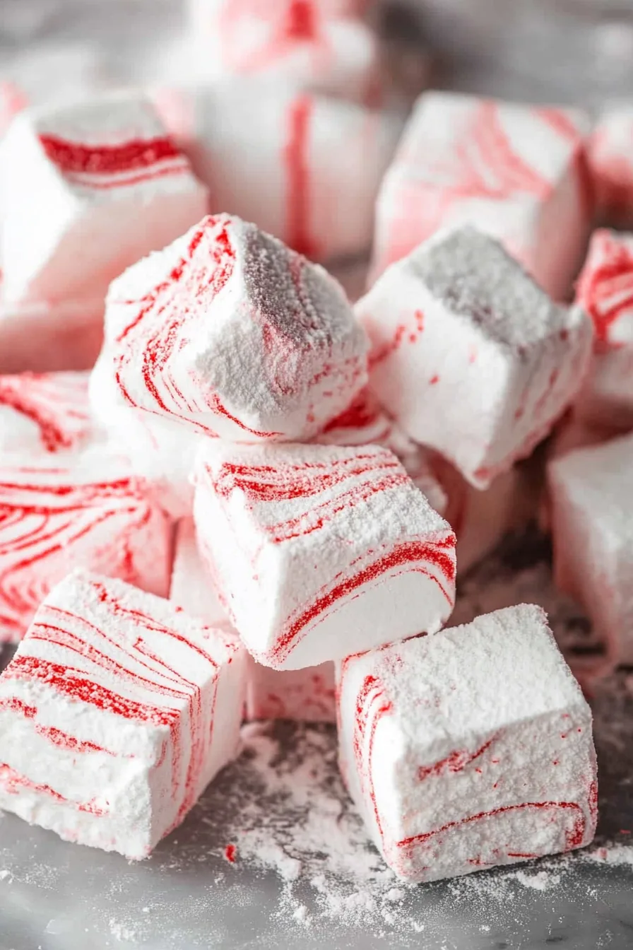 Close-up of cube-shaped marshmallows with red and white marbled patterns.