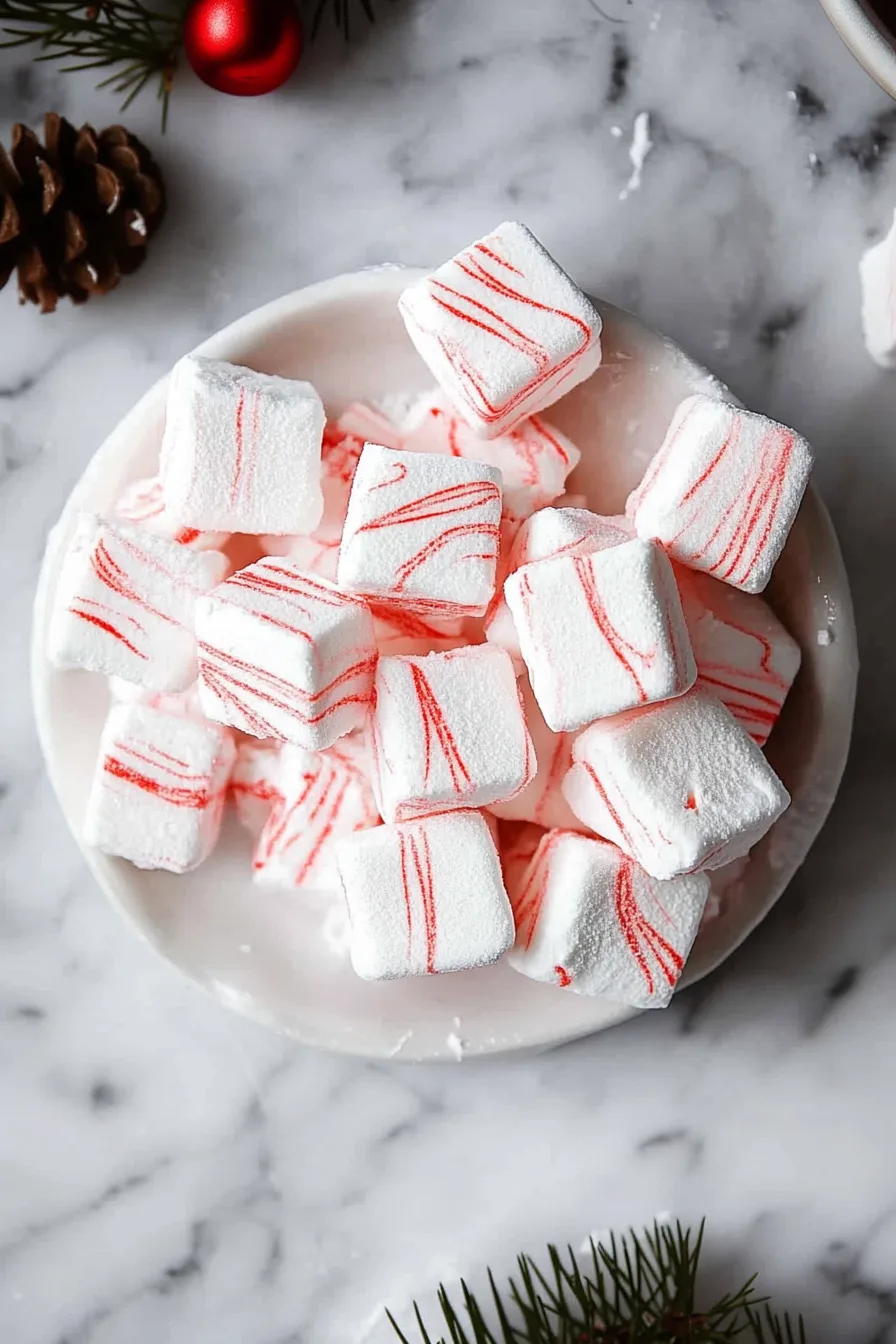 Soft, fluffy marshmallows with red peppermint swirls dusted in powdered sugar.