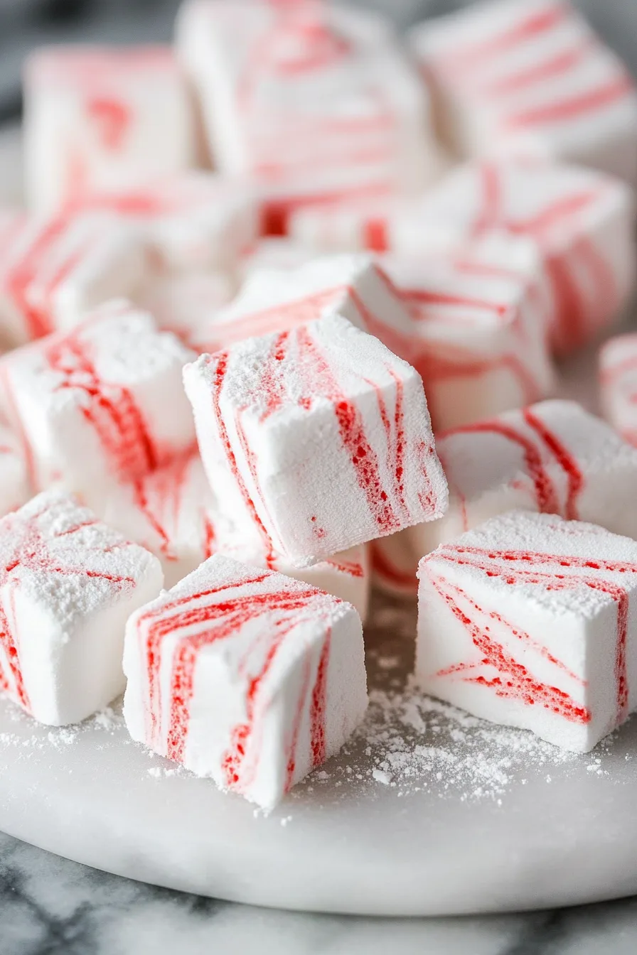 Freshly made marshmallow cubes with festive red streaks on a light surface.