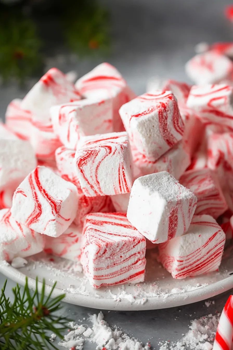 Stack of homemade peppermint marshmallows showing their airy texture.