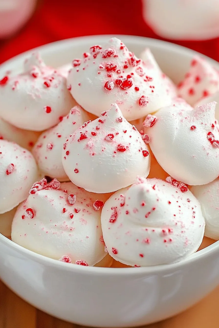 Swirled red and white meringue cookies stacked on a festive platter.