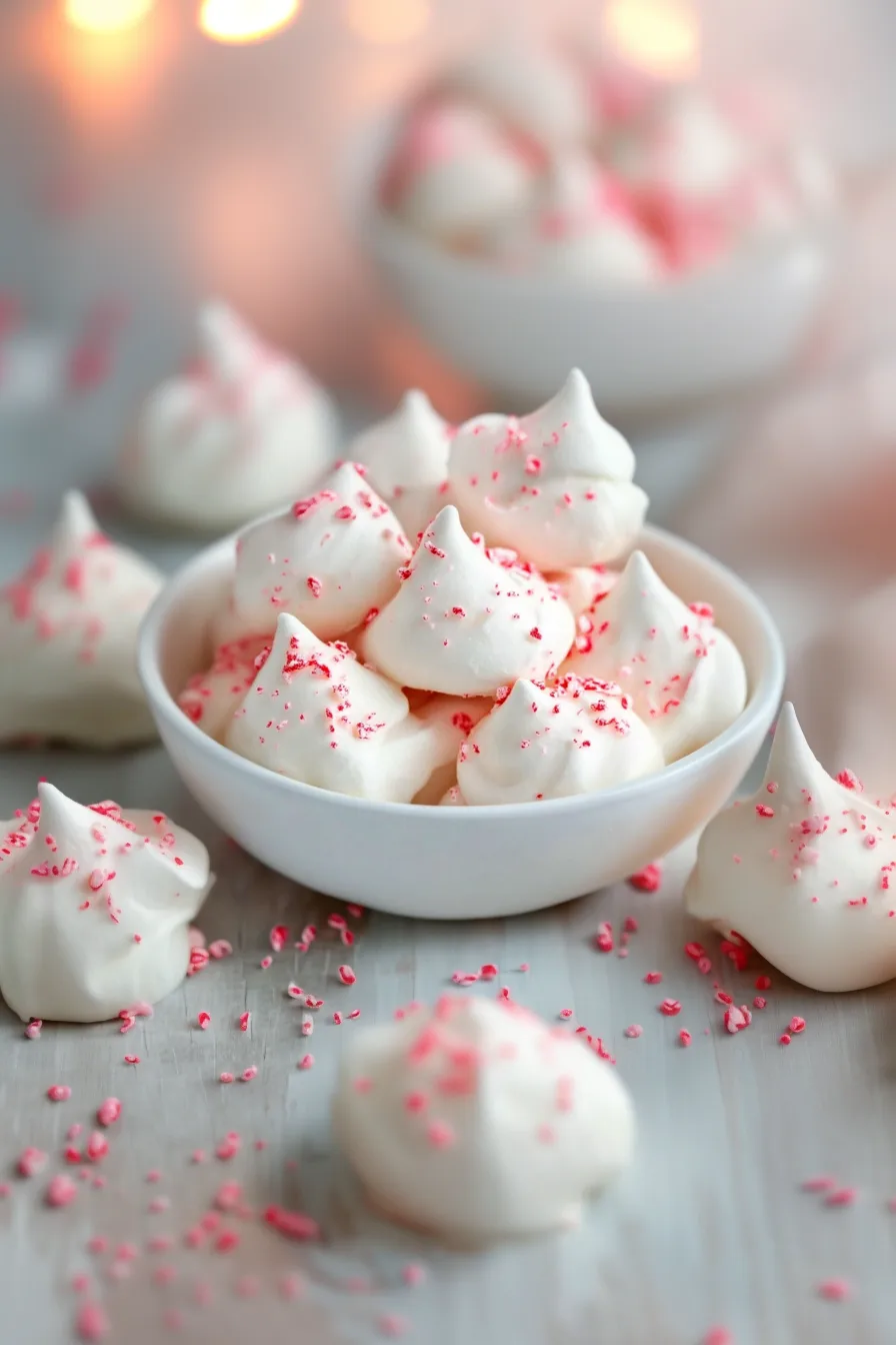 Swirled red and white meringues stacked on a white serving plate.