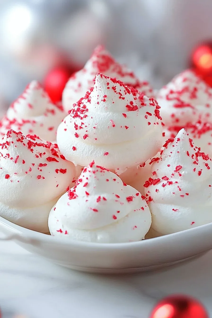 Close-up of delicate, glossy meringues showing their smooth peaks.