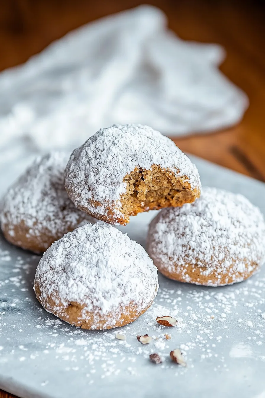 Bite-sized spiced cookies with a thick layer of powdered sugar on top.
