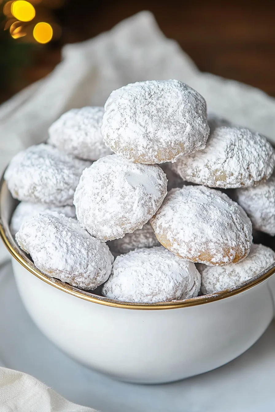 Close-up of spice cookies dusted with powdered sugar, stacked for serving.