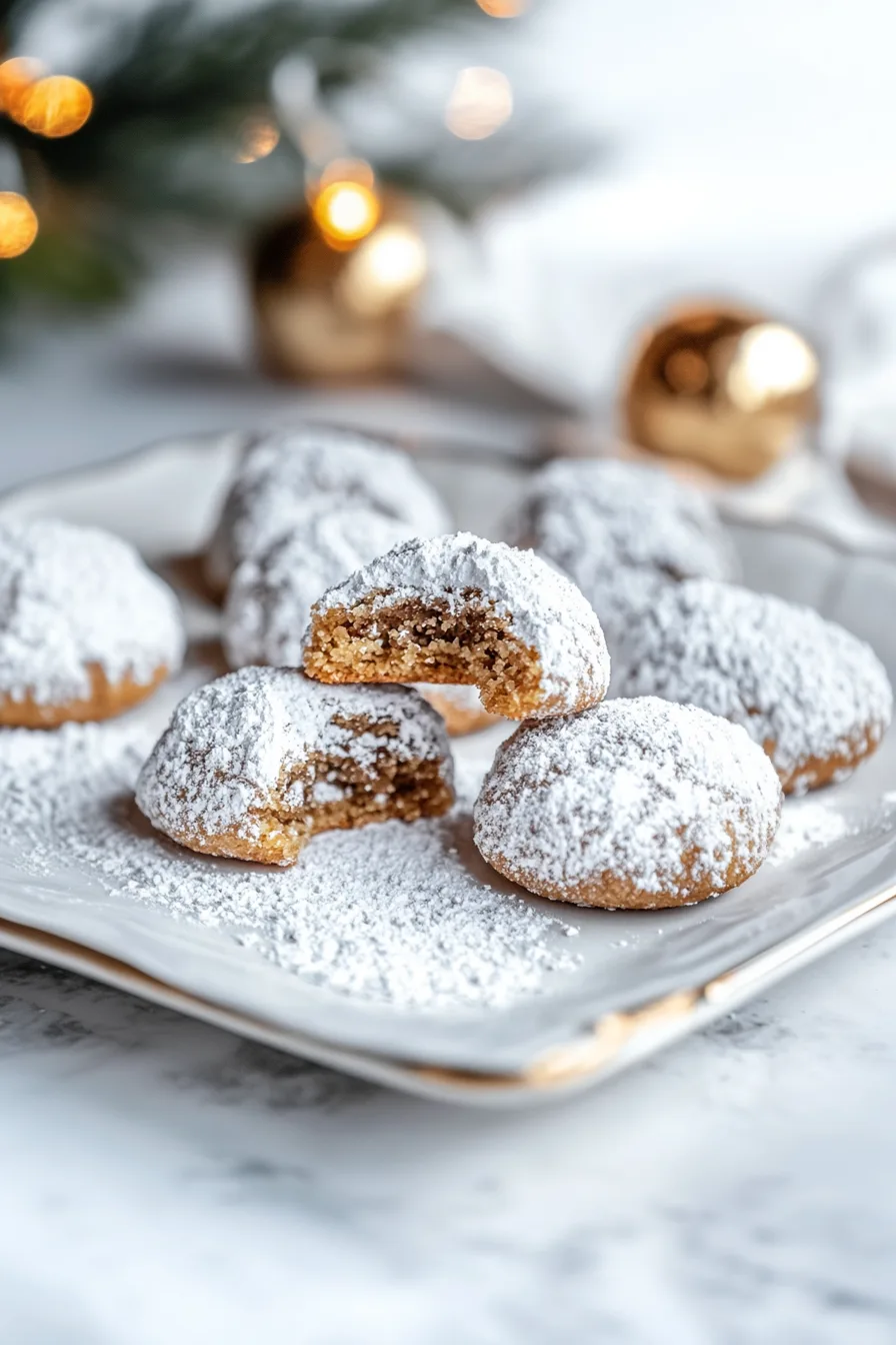 Soft, round cookies coated generously in powdered sugar on a parchment-lined tray.