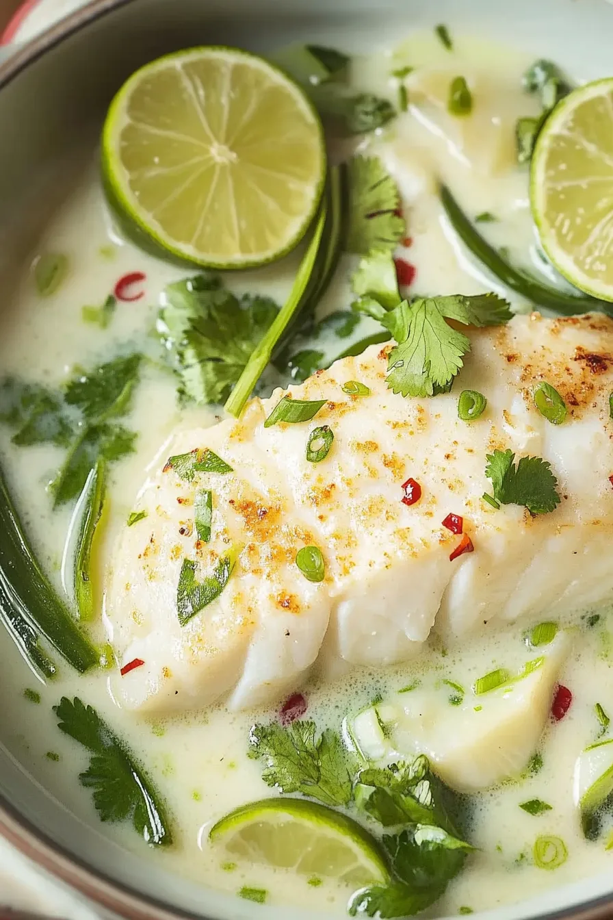 Bowl of tender white fish in a creamy coconut broth with fresh herbs and chili slices.