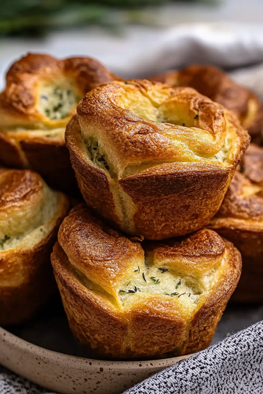 Close-up of baked popovers stacked on a plate, showing their light texture and golden edges.