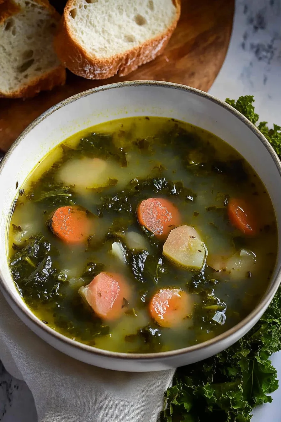 A warm bowl of soup with sliced sausage, kale, and potatoes served with crusty bread.