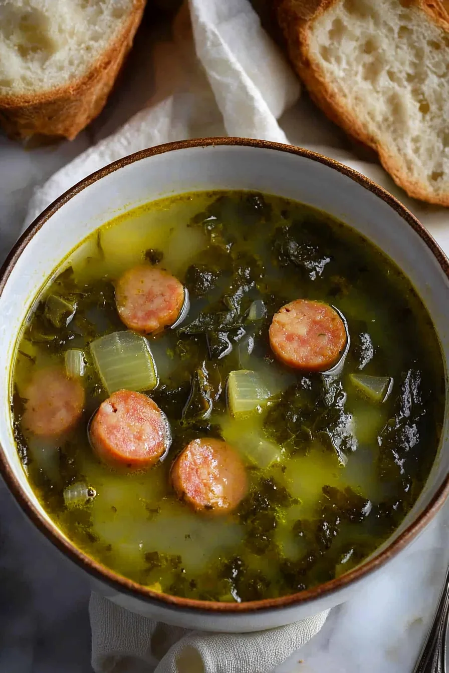 Close-up of a hearty green soup with sausage pieces and tender greens in a light broth.