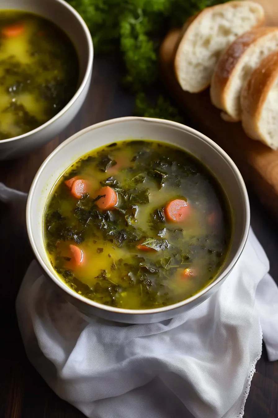 Rustic bowl filled with comforting sausage and kale soup beside fresh bread slices.
