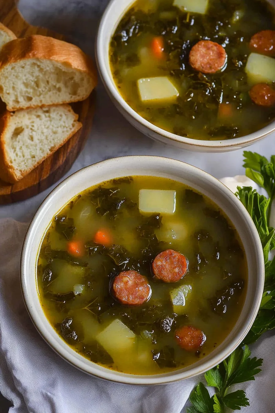 Homemade soup with smoky sausage, kale, and potatoes in a golden broth.