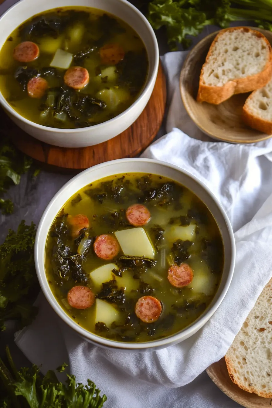 Traditional Portuguese-style soup garnished with greens and sausage rounds, ready to serve.