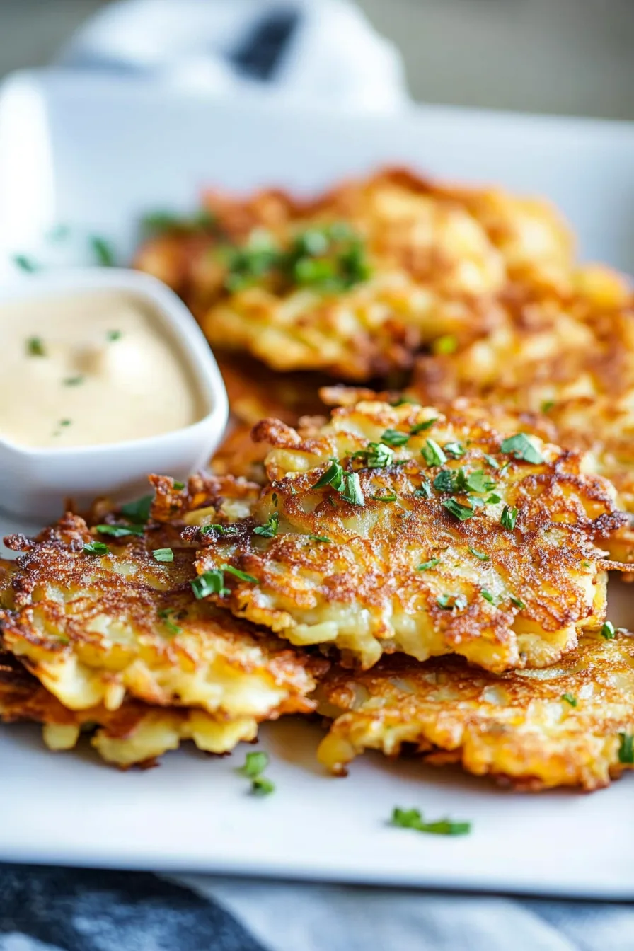 Close-up of crunchy potato cakes served with creamy dipping sauce.